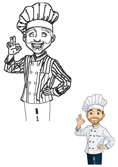 Illustration of a happy chef in uniform making the OK sign with his hand. Friendly cartoon chef. 