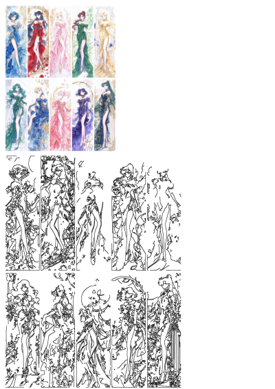 Image of Sailor Moon characters in six different colored gowns, various styles. Elegant and colorful illustrations of iconic figures in dresses.