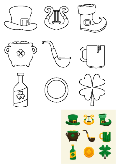 Flat vector arrangement of St. Patrick's Day elements like a hat, harp, boot, pot of gold, and more. Use this free clipart for crafts.