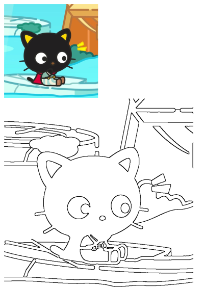 A cute cartoon image of a black cat standing in the water, it is eating something and wearing a stylish red shirt. 