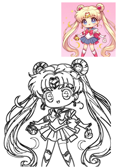 Chibi style Sailor Moon illustration with big blue eyes, blonde hair, in her iconic uniform, on a soft pink starry background, cute and kawaii.