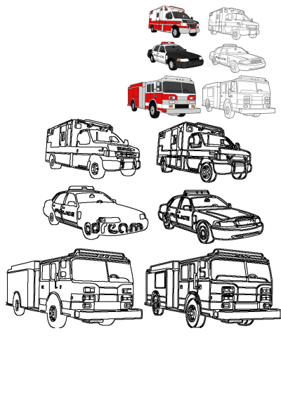 Illustration depicting four different types of emergency vehicles: ambulance, fire truck, and police car, shown in both color and line art.