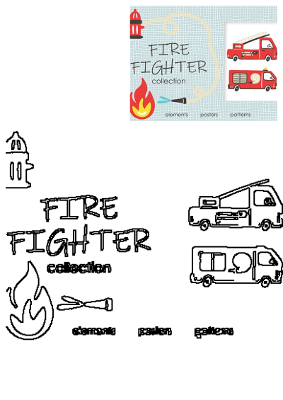 Fire fighter collection with elements, posters, and patterns featuring trucks, hydrants, flames. This fire fighter collection is available for all ages.