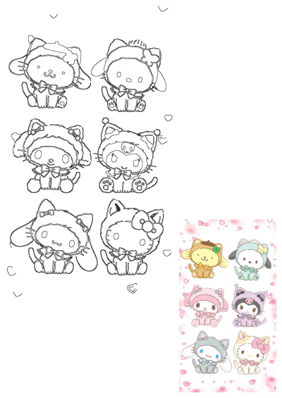 Cute kitty stickers on a white background with pink and blue hearts. Adorable cartoon kittens with bows and hats in a kawaii style.