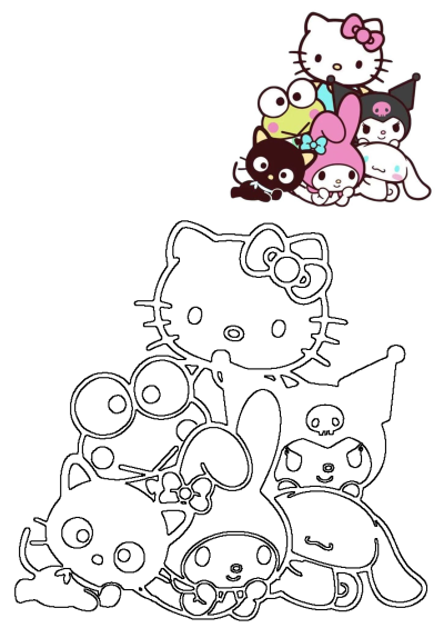 An image of Hello Kitty and her friends including Keroppi, My Melody, Kuromi, and Chococat in a cute cartoon style.