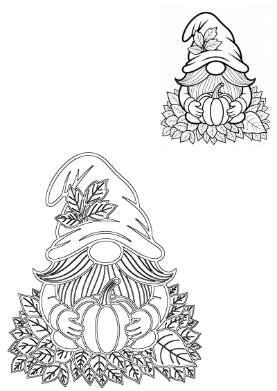 Black and white drawing: Gnome sitting on leaves, holding a pumpkin, perfect for coloring. Enjoy the autumn season with this gnome!