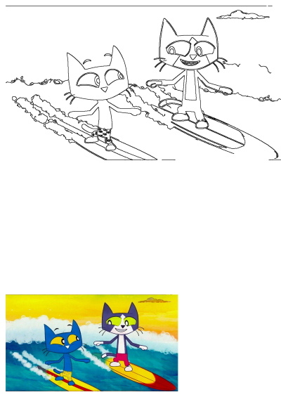 Two cartoon cats joyfully riding surfboards in the ocean waves. Fun, colorful illustration perfect for kids and surfing enthusiasts.