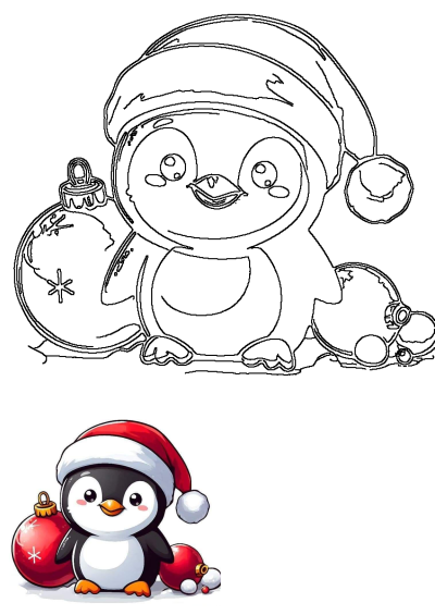 Adorable cartoon penguin in a Santa hat, festive red Christmas ornaments. Cute, seasonal illustration for the holiday season.