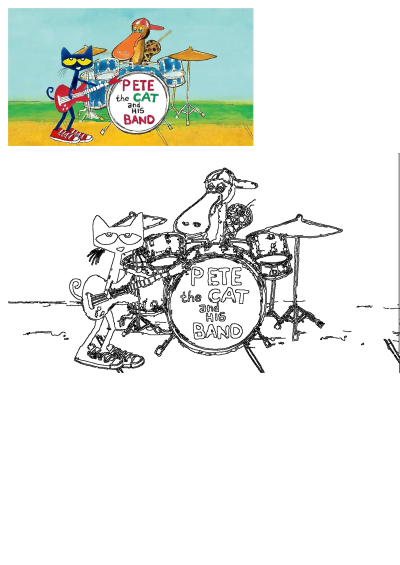 Image of pete the cat and his band: Pete playing guitar and a duck with a cap playing drums. From the book by James Dean.