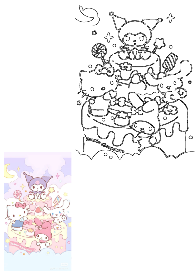 Hello Kitty birthday cake with pink and blue frosting, stars and clouds background, featuring Sanrio characters like Kuromi, My Melody, and Cinnamoroll.