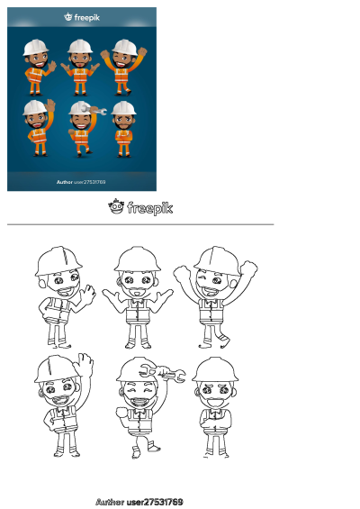 Cartoon illustration of construction workers. Vector image showing different construction workers, builders, and engineers in various poses and with tools.