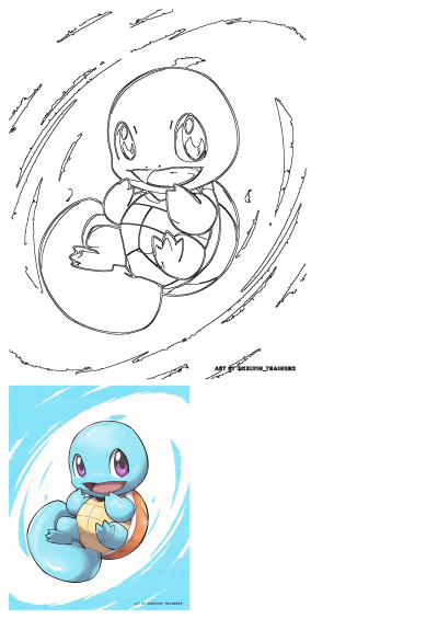 Drawing of a blue Squirtle Pokemon sitting. The cute turtle is perched atop a floating ball with its eyes wide open in adorable surprise.