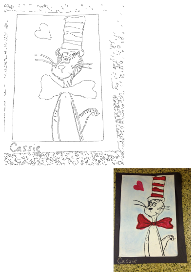 A child's drawing of Cat in the Hat with a red bow tie and a heart. Cute depiction of the classic Dr. Seuss character.