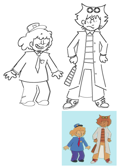 Cartoon image of two people dressed in costumes: one as a police officer and the other as a scientist. Cute, funny character drawing.