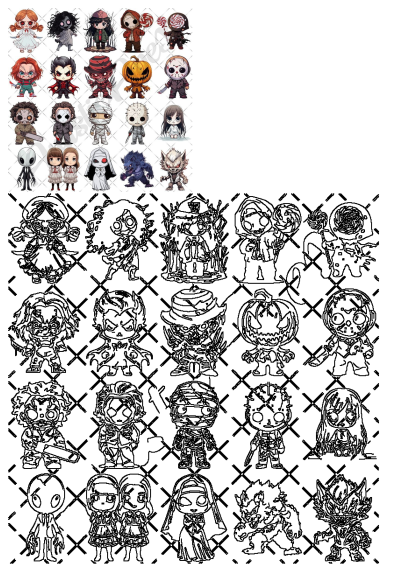 An assortment of cartoon characters from the movie in a cute and scary style. It's scary and cute to look at, it combines the both style.