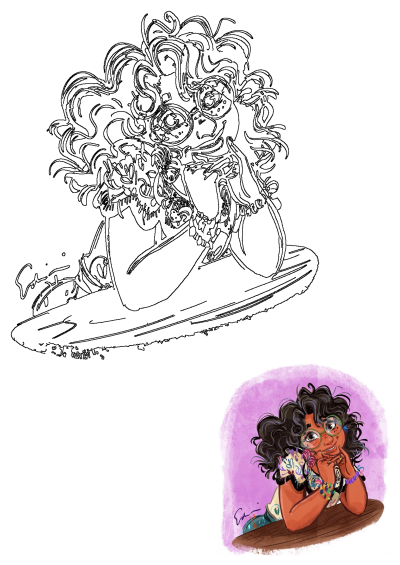 Illustration of a woman sitting at a table, her hands are supporting her face and she is looking to the side with a thoughtful expression.