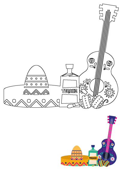A colorful image featuring a guitar with skulls, a tequila bottle, a sombrero and maracas. A fun, festive decoration.