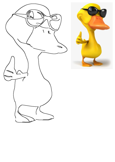 A yellow duck character wearing sunglasses and giving the thumbs up sign. The duck has an orange beak and feet and a white background.