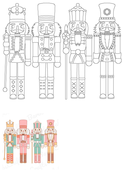 Detailed line art of four Christmas nutcracker soldiers, alongside four pastel-colored festive toy figures, ideal for holiday decor.