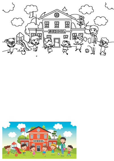 A group of children playing joyfully in front of a cartoon school building with a teacher, slide, and ball. School scene illustration.