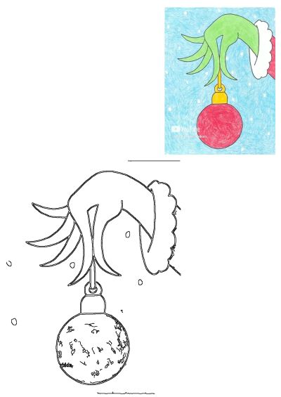 Drawing of The Grinch's green hand holding a red Christmas ornament against a blue snowy background by Easy Art Projects for Kids.