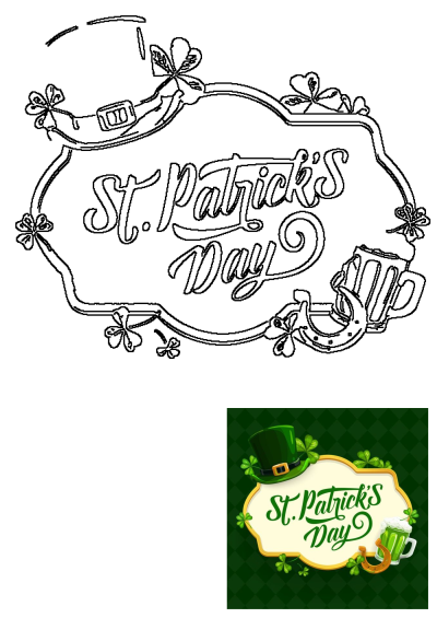 St Patrick's Day greeting card with shamrocks and beer features a hat, mug, horseshoe, and festive text. Decorative image.