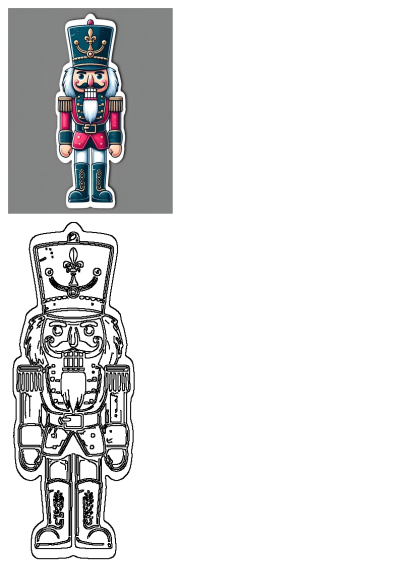 A vibrant and outline illustration of a traditional Christmas nutcracker soldier, featuring its iconic uniform, hat, and expressive face.