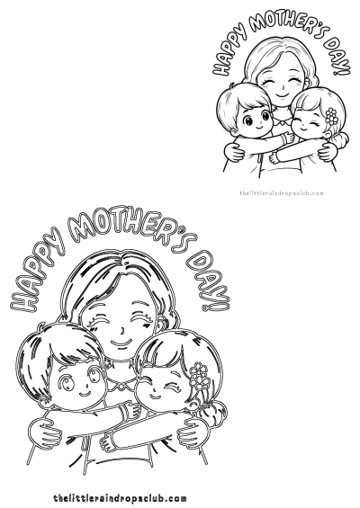 A mother's day coloring page featuring two adorable children hugging their smiling mother. Perfect for a Happy Mother's Day activity.