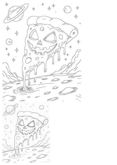 Creepy Pizza Monster Coloring Page: Bring your snacks to life with this creepy-cute creature coloring page, great for quirky horror fans! 