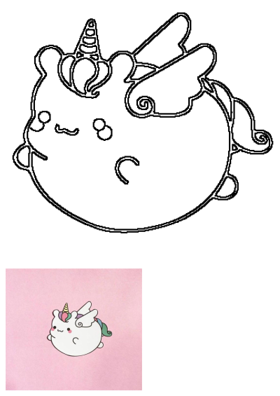 An adorable, chubby winged unicorn illustration, presented as both a black outline and a vibrant colorful version on a pink background.