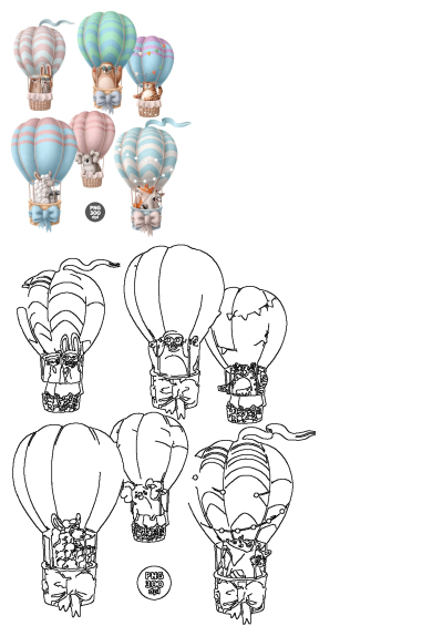 Several hot air balloons with animals in them: rabbit, sloth, tiger, sheep, koala, fox, and raccoon ride in colorful balloon baskets. 