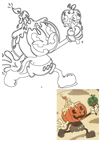 Vintage cartoon of a happy pumpkin man with a lit candle, holding a spooky poison apple. Halloween retro-style character.