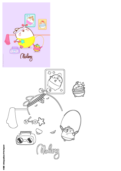 A cartoon character is holding a toy in her hand; this cute Molang character is exercising with toy weights and a jump rope.