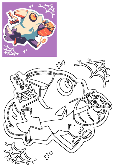 Cartoon character flying through the air, holding a pumpkin and spider web. Cute Halloween illustration for web design or social media.