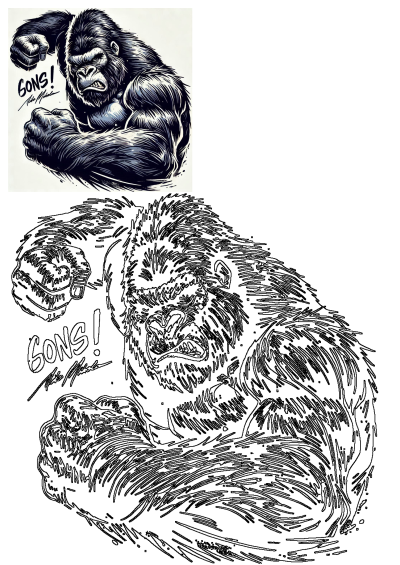 Drawing of an angry gorilla flexing its arm. The gorilla has the word "SONS" on its chest and a menacing expression, showcasing impressive strength.