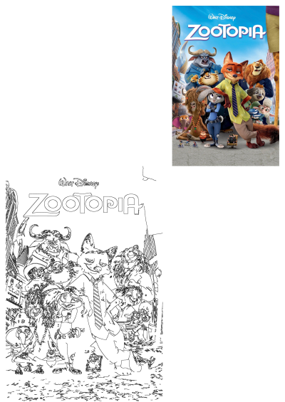 Zootopia movie poster featuring Judy Hopps, Nick Wilde, and other beloved characters, next to a detailed black and white outline image.
