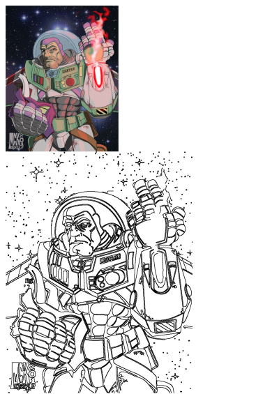 Cartoon of Buzz Lightyear with his hand raised in front of the camera against a starry background. He is wearing his space suit.