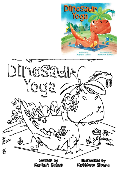The 'Dinosaur Yoga' book is on display with a colorful cover featuring dinosaurs practicing yoga, perfect for children's books collections.