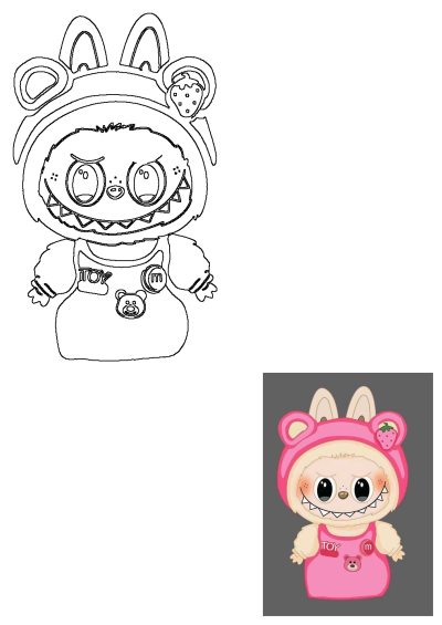 A cartoon illustration of a cute monster toy with a pink bear-ear hood with a strawberry, wearing a pink romper with 'TOY' and a teddy bear.