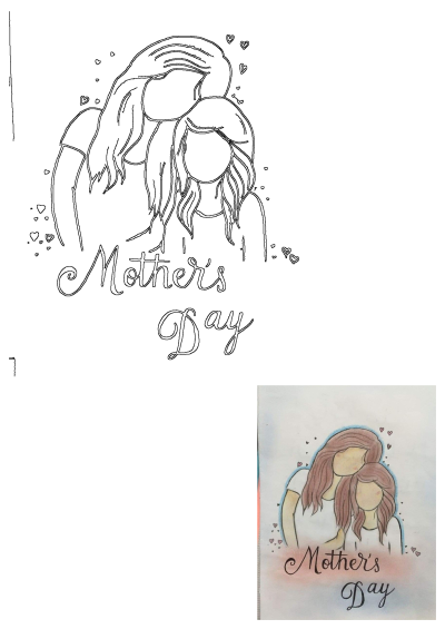 A sweet hand-drawn image of Mother and Daughter hugging with hearts surrounding them and Mother's Day written below in fancy writing.