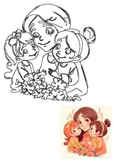 Illustration of a mother and her two daughters hugging each other with flowers. Heartwarming family moment art. Motherhood love illustration.