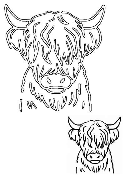 Line art illustration of a Highland cow. This Scottish cattle breed is known for its long shaggy coat and iconic horns.