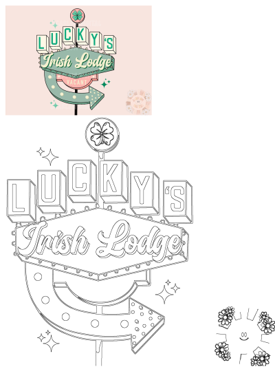 Lucky's Irish Lodge sign against a pink backdrop features a clover and retro design with a 'Vacant' sign. 