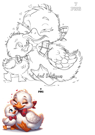 A tender cartoon image of a mother duck embracing her baby duckling. Both ducks are adorned with charming red plaid bow ties.