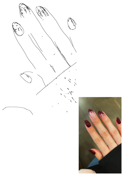 Close up of a hand with burgundy colored nails, some nails have a blood dripping design. Halloween manicure nail art design.