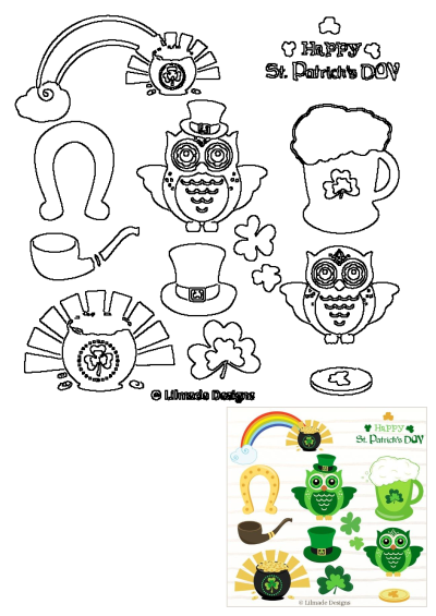 St Patrick's Day clipart set featuring owls, a leprechaun hat, pot of gold, rainbow, horseshoe, shamrocks, and a festive beer mug.