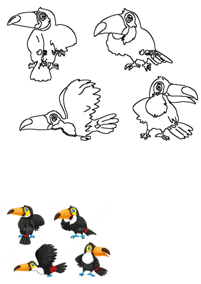 A cartoon toucan bird in different poses on a white background. Features animals characters, objects. Colorful tropical bird illustration.