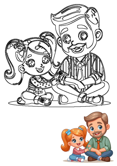 Cute cartoon of a father and daughter together. The little girl is sitting next to her dad and smiling. Cartoon style dad and daughter image.