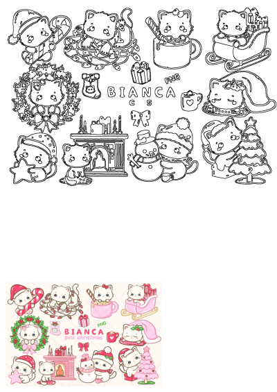 Bianca Pink Christmas Kawaii Cats Holiday Illustrations Bundle featuring cute cats with candy canes, wreaths, sleighs, and more.