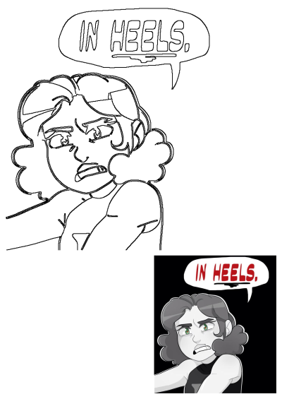 Little hero au Marvel Avengers funny image of a character saying, "In Heels.", referencing Marvel superheroes, and Avengers humor.